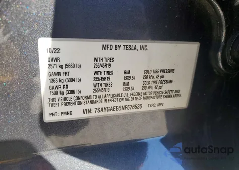 2022 Tesla Model Y z USA, uszkodzony, nr VIN 7SAYGAEE6NF576535